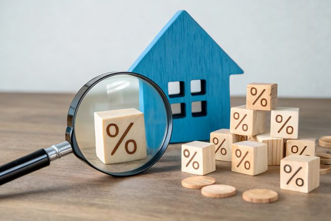 Foto: Lupe, Holzhaus und Würfel mit Prozentzeichen